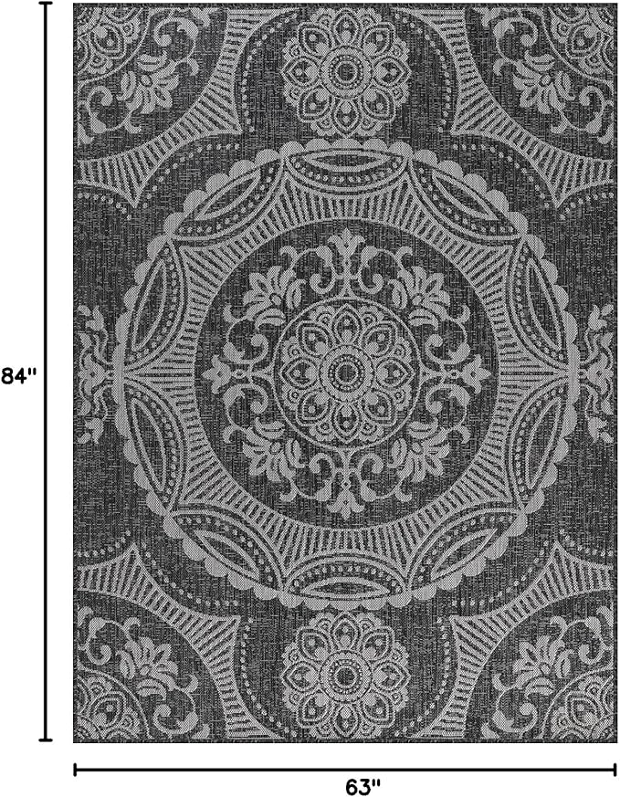 Medallion Outdoor Rug 5x7 Washable Outside Carpet for Indoor Patio Porch Waterproof Easy Cleaning Non Shedding Area Rugs Dark Gray 5 x 7-Ruum Studio Home