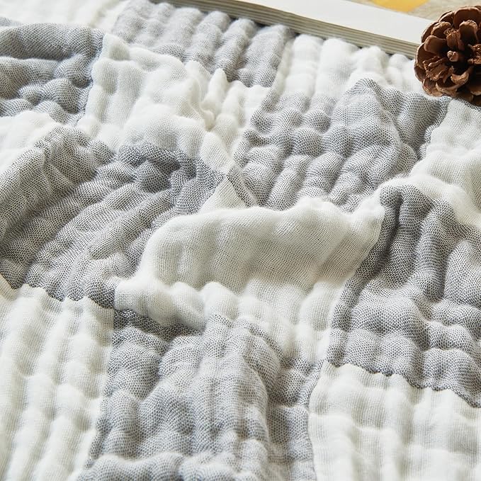 EMME Checkered Cotton Queen Size Bed Blanket, 80"x90", Lightweight Breathable Cooling All Season Gauze, Light Grey-Ruum Studio Home