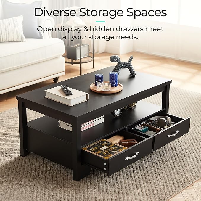 LINSY HOME Farmhouse Coffee Table with Storage, Wood Coffee Table for Living Room, Open Display Area and Storage Drawers with Metal Handles, Chic Style with Curved Base, Black-Ruum Studio Home