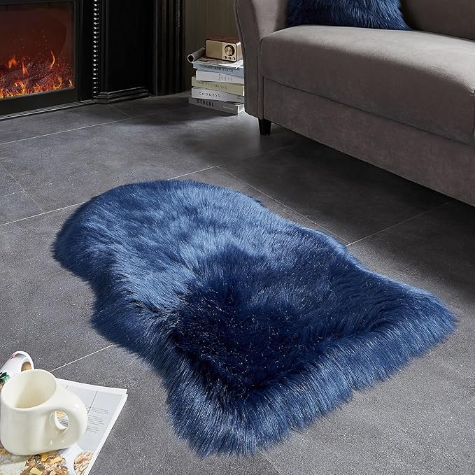 AMTOVO Faux Fur Rug, Dark Blue Small Area Rug, Fluffy Sheepskin Rug, Fuzzy Ultra Soft 2 x 3 ft Shag Rugs for Bedroom Sofa Throw Cushion Room Decor, Sheepskin-Ruum Studio Home