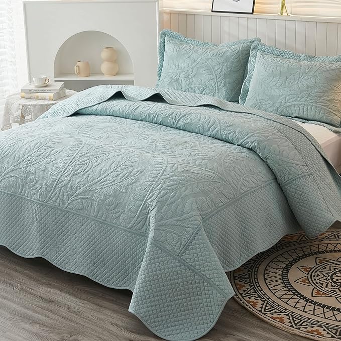 MarCielo 3-Piece 100% Cotton Oversized Bedspread Lightweight Quilt Coverlet Embroidery Farmhouse Bedding Set T0 (Aruba Blue, Oversized Queen (100"x106"))-Ruum Studio Home