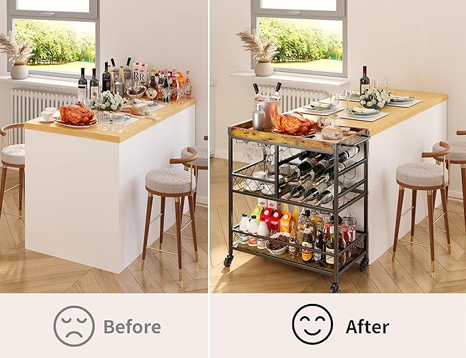 Gizoon Bar Cart, 3 Tier Coffee Cart with Lockable Wheels, 12-Bottle Wine Rack, and Hanging Glass Holder, Kitchen Rack with Removable Tray, for Kitchen, Dining Room, Entertaining, Club Party,Retro-Ruum Studio Home
