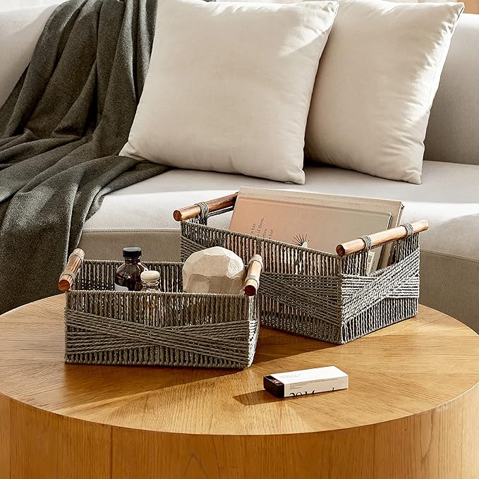 LA JOLIE MUSE Wicker Storage Baskets for Organizing, Recyclable Paper Rope Basket with Wood Handles, Decorative Hand Woven Basket Organizers for Makeup Books Shelves Living Room, Grey, Set of 2-Ruum Studio Home