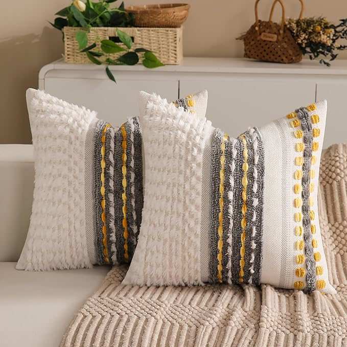Boho Chenille Tufted Couch Throw Pillow Covers 18x18 Inch Set of 2 Farmhouse Striped Decorative Pillow Covers Accent Neutral Pillowcase Grey Yellow Cushion Cover for Living Room Sofa Bed-Ruum Studio Home
