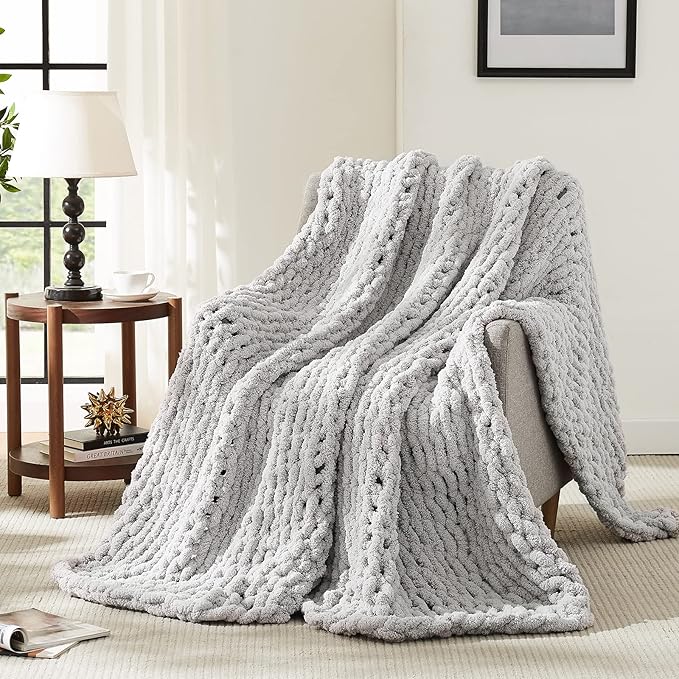 L'AGRATY Chunky Knit Blanket Throw: 30''x40'' Chenille Knitted Throw Blankets for Bed Couch - Handmade Thick Big Cable Knot Blanket - Large Chunky Crochet Rope Blankets for Home Decor(Grey)-Ruum Studio Home