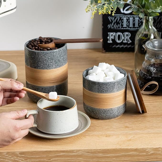 Ceramic Jar with Lid Airtight, Coffee Container Kitchen Food Storage Jars for Spice Sugar Tea Bag, Stackable Decorative Jars for Countertop, Grey & 18oz-Ruum Studio Home