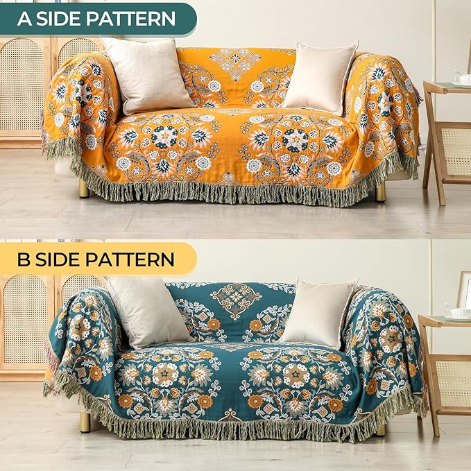 Boho Throw Blanket for Bed,100% Cotton Ultra Soft Lightweight Muslin 4-Layer Breathable Woven Throws 60''x 80'' Blanket Yellow Floral Printed Farmhouse Decor Bed Blankets-Ruum Studio Home