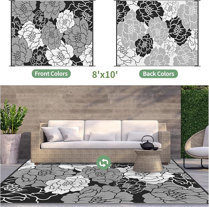 GENIMO Outdoor Rug Waterproof for Patio Decor, 8' x 10' Reversible Plastic Straw Floral Camping Carpet, Large Area Rugs Mats for RV, Camper, Deck, Balcony, Porch, Beach, Picnic, Mix-Black & White-Ruum Studio Home
