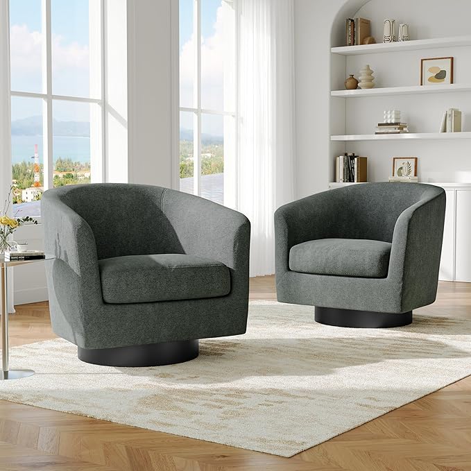 Swivel Barrel Accent Chair, Modern Round Chenille Fabric Arm Chair for Living Room, Bedroom, Comfy Club Reading Chairs for Adults（Chenille Fabric, Grey, Set of 1-Ruum Studio Home