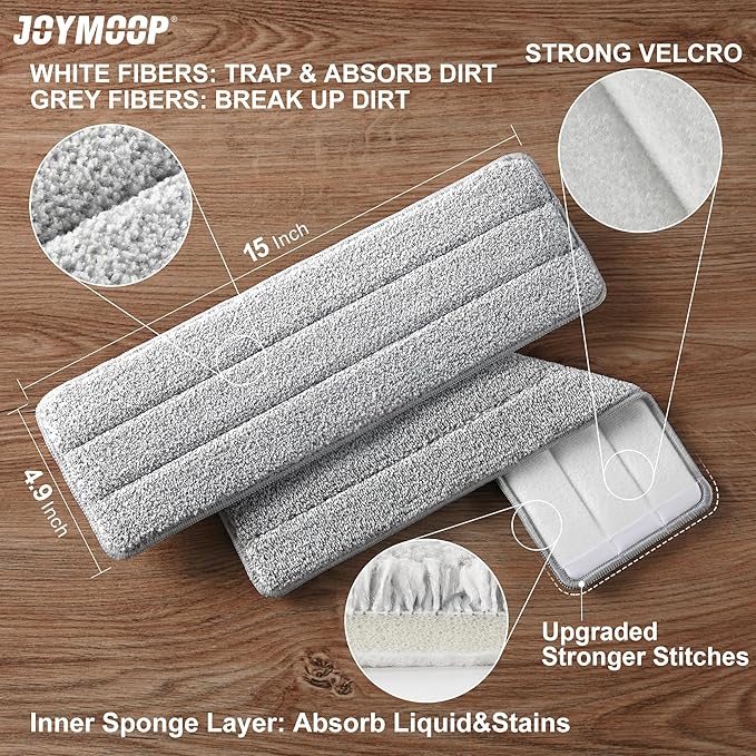 JOYMOOP Flat Mop Pads, Microfiber Mop Cleaning Pads, Washable Pads, Pads Replacement for JOYMOOP Flat Mop or Mop Bucket Set, Pack of 4 Refills 15inch - Grey and Stripe-Ruum Studio Home