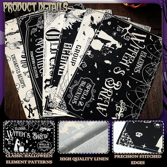 Umigy 6 Pcs Halloween Placemats 12"x18" Gothic Bat Placemats Kitchen Decoration Washable Witch Place Mats Rectangle Skull Table Mats for Halloween Dining Table Accessories(Black White Character Style)-Ruum Studio Home