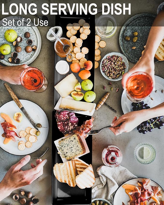 Long Melemine Serving Tray, 17.3x8x1.5 in Serving Platters and Trays for Appetizer, Charcuterie, Bread, Fruit, Dessert, Set of 2, Black-Ruum Studio Home