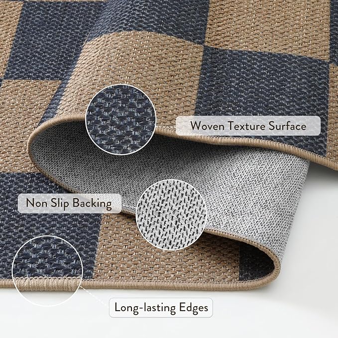 Lahome Checkered Easy Jute Living Room Rugs, 5x7 Dining Room Office Rug Farmhouse Outdoor Patio Carpet, Checkerboard Washable Non Slip Indoor Outdoor Blue Carpet for Backyard Entry Deck-Ruum Studio Home