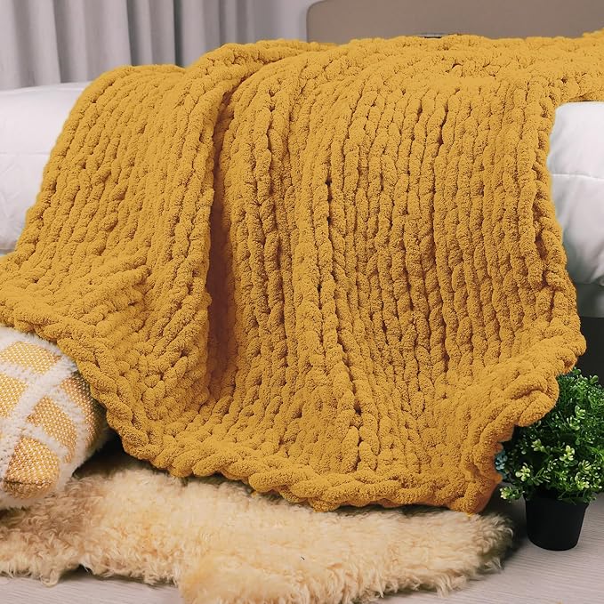 Carriediosa Chunky Knit Throw Blanket 60" X 80" Twin, 100% Hand Made Large Chenille Loop Yarn Soft Fluffy Throws for Couch Sofa Bed, Big Crochet Cozy Heavy Thick Cable Woven Blanket, Yellow-Ruum Studio Home