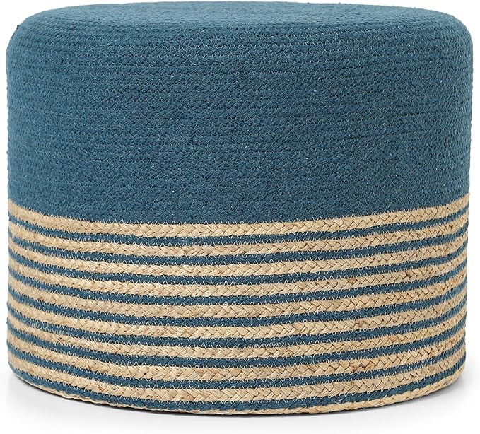 REDEARTH · Cylindrical Pouf Foot Stool Ottoman - Jute Braided Pouffe Poof Accent Sitting Footrest for Living Room, Bedroom, Nursery, Patio, Lounge & Other Rooms (Teal Natural, 18"x18"x14")-Ruum Studio Home