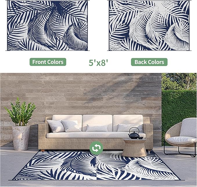 GENIMO Outdoor Rug 5' x 8' Waterproof for Patio Clearance, Reversible Plastic Straw Camping Carpet, Lightweight Mats for Rv, Backyard, Deck, Porch, Picnic, Beach, Balcony, Blue & White-Ruum Studio Home