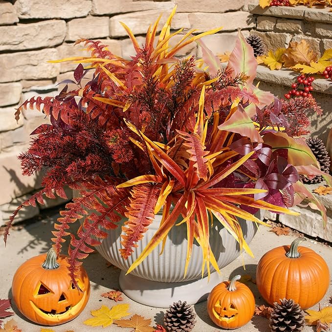 Artificial Fall Plant Large Bunches Greenery Plants Fake Plastic Leaves with Stems UV Resistant Outside Faux Plants Bushes for Autumn Outdoor Patio Garden Front Porch Yard Decor (Fall Color)-Ruum Studio Home