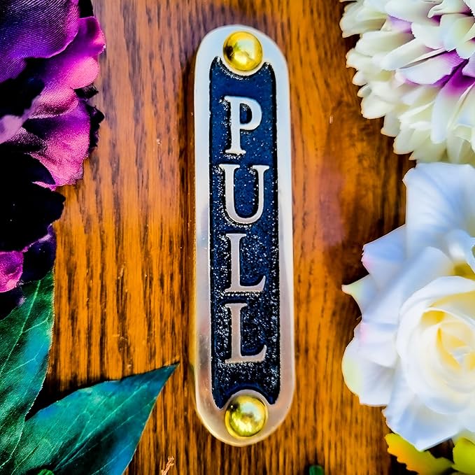 PULL Brass Door Sign. Traditional Style Home Décor Wall Plaque Handmade By The Metal Foundry UK.-Ruum Studio Home