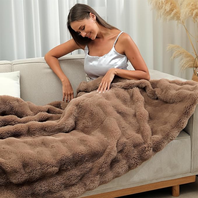 RYNGHIPY Faux Rabbit Fur Throw Blanket Ruched Plush Fuzzy Blanket for Couch Bed Sofa Heavy Warm Comfy Throws for Living Room Bedroom Machine Washable (Solid Brown, 63''x79'')-Ruum Studio Home
