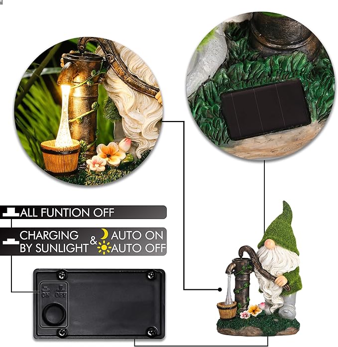 TERESA'S COLLECTIONS Garden Gnomes Decor with Solar Lights, Fathers Gifts, Green Outdoor Resin Decorations for Porch Patio, Gnome Ornaments for Dad and Mom，9"-Ruum Studio Home