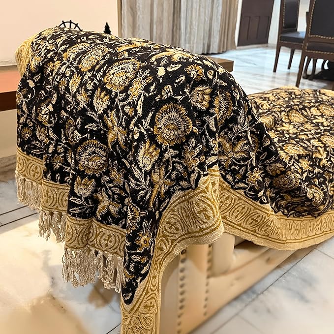 Bohemian Floral Cotton Throw Blanket with Tassels | 48x70 Inch Handblock Printed Sofa Throw | Black & Gold Decorative Bed Cover | Lightweight Couch Throw for Living Room & Bedroom-Ruum Studio Home