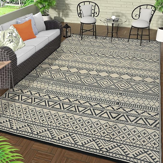 GAOMON Outdoor Rug 9'x12' Waterproof Rug for Patio Decor, Foldable Reversible Plastic Straw Area Rugs Mat for Camper, Outside Carpet for Deck, Porch, Picnic, Beach, Black/Coffee(Bohemia)-Ruum Studio Home
