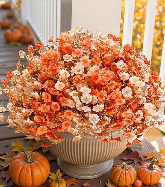 Artificial Mums for Outdoors Fake Fall Flowers Plants for Autumn Decoration, 12 Bundles Silk Morning Glory with Eucalyptus Look Real UV Resistant Faux Mums for Outside Planters Yard Patio Porch, Mix-Ruum Studio Home