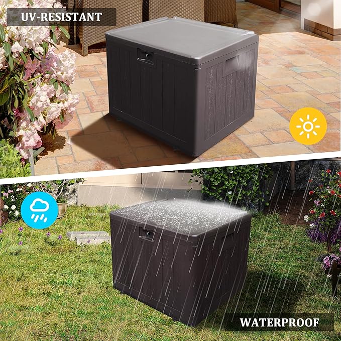 33 Gallon Pro Waterproof Outdoor Storage Bin Resin Deck Box for Patio, Poolside, and Garden, Lockable & UV-Resistant, Ideal for Small Spaces, Brown-Ruum Studio Home