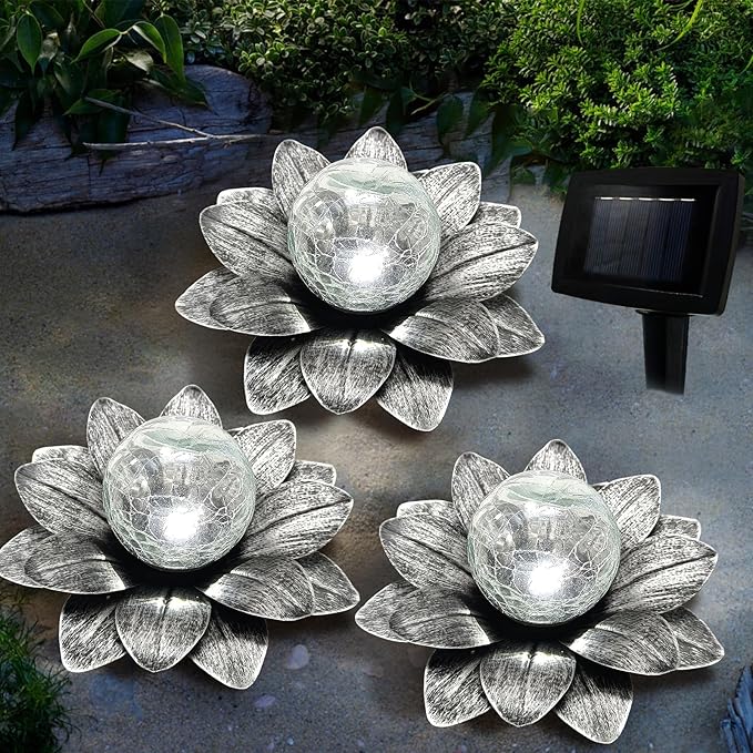 LEWIS&WAYNE Solar Garden Lights Outdoor, 3 Pcs Silver Gray Lotus Flower Pathway Lamps with Cool White Crackle Glass Globe Led Lights for Patio Pathway Yard Balcony Garden Decorations-Ruum Studio Home
