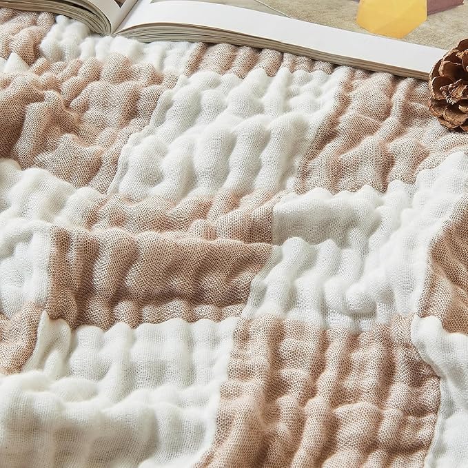 EMME Checkered Cotton Blanket Twin Large 60"x80" 100% Muslin for Couch Breathable Cooling Gauze All Season Soft and Lightweight Pre-Washed (Light Tan)-Ruum Studio Home