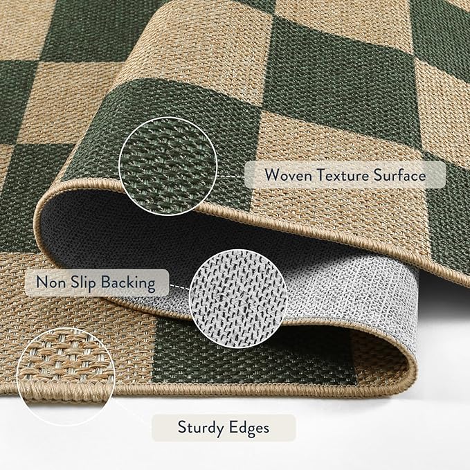 Lahome Checkered Easy Jute Dining Room Rug, 5x7 Indoor Outdoor Rugs for Patio Living Room, Neutral Checkerboard Non Slip Low Pile Green Carpet for Bedroom Office Backyard-Ruum Studio Home