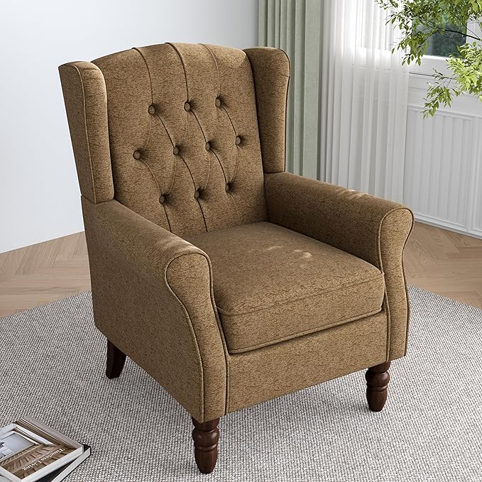 Lumibee High Back Accent Chair,Upholstered Wingback Armchair with Solid Wood Legs for Small Spaces,Comfy Single Sofa Chair for Living Room,Bedroom,Office-Gray-Ruum Studio Home