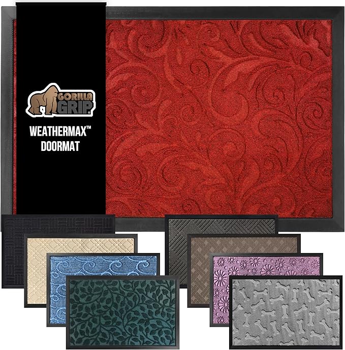 GORILLA GRIP 100% Waterproof All-Season WeatherMax Doormat 35x23, US Designed Natural Rubber, Stain and Fade Resistant, Low Profile Indoor Outdoor Door Mats, Easy Clean Patio Mat, Red Vintage Wine-Ruum Studio Home