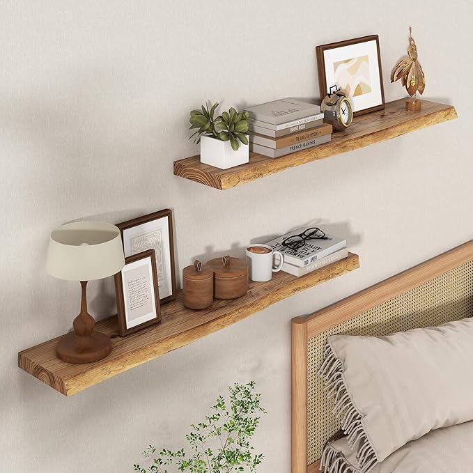 Axeman 40 inch Floating Shelves for Wall - 8'' D Live Edge Rustic Solid Elm Wood Floating Shelves Wall Mounted, Wall Shelves with Invisible Bracket for Living Room Bedroom Kitchen, 1 Pc Natural-Ruum Studio Home