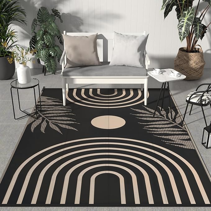 GENIMO Outdoor Rug 8' x 10' Waterproof for Patio Clearance, Reversible Lightweight Plastic Straw Camping Carpet, Large Area Rugs Mats for Rv, Backyard, Deck, Porch, Picnic, Balcony, Mix-Black & Beige-Ruum Studio Home