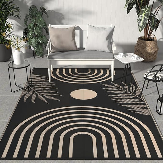 GENIMO Outdoor Rug 8' x 10' Waterproof for Patio Clearance, Reversible Lightweight Plastic Straw Camping Carpet, Large Area Rugs Mats for Rv, Backyard, Deck, Porch, Picnic, Balcony, Mix-Black & Beige-Ruum Studio Home