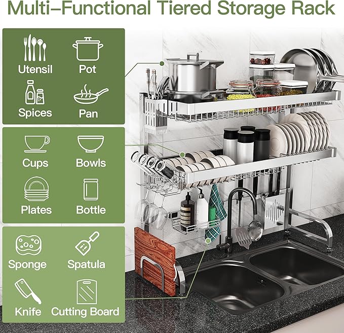 3 Tier Extra Large Stainless Steel Expandable Over The Sink Dish Drainer Drying Rack, Rust Proof Metal, Space Saving, Modern Silver Big Capacity Extendable Plate Strainers Above Kitchen Counter-Ruum Studio Home