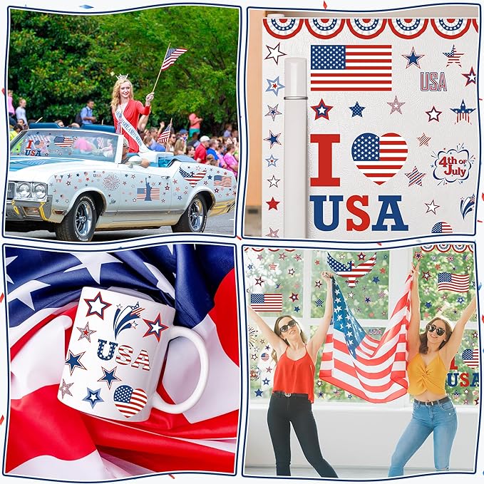 158 Pcs 4th of July Window Clings, 9 Sheets Patriotic Window Clings Decals, Watercolor Double-Sided American Flag Stars Firework Window Stickers for Independence Day Parade Veterans Memorial Day Decor-Ruum Studio Home