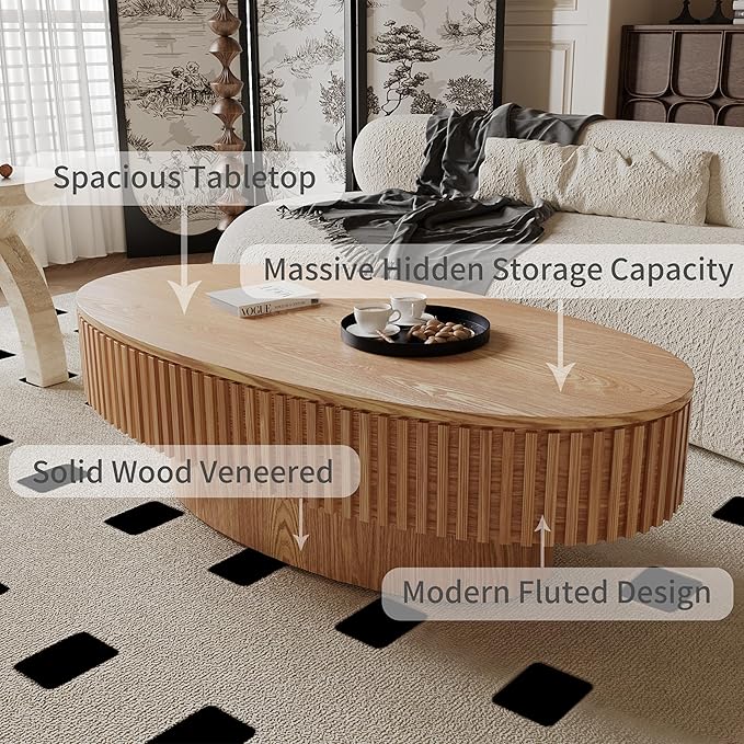 47.2''Oval Coffee Table with Storage, Mid Century Modern Drum Center Tables with Lid Fluted Solid Wood Side Coffee Table Pedestal Tea Table for Living Room, Bedroom, Apartmen-Natural-Ruum Studio Home
