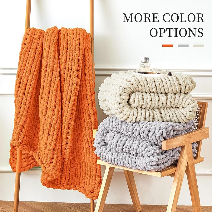 Admitrack Chunky Knit Blanket Throw, 100% Hand Knit Chenille Throw Blanket for Sofa & Home Decor, Soft and Cozy Knitted Throw Blankets (Orange, 51"x63")-Ruum Studio Home