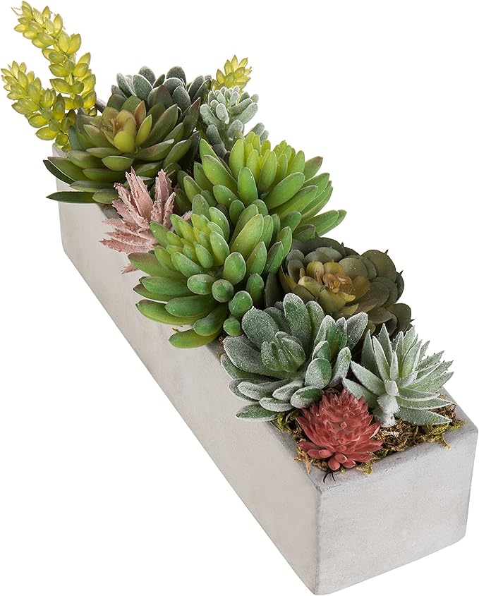 MyGift Faux Succulent Plant Arrangement in 12-Inch Gray Cement Pot-Ruum Studio Home