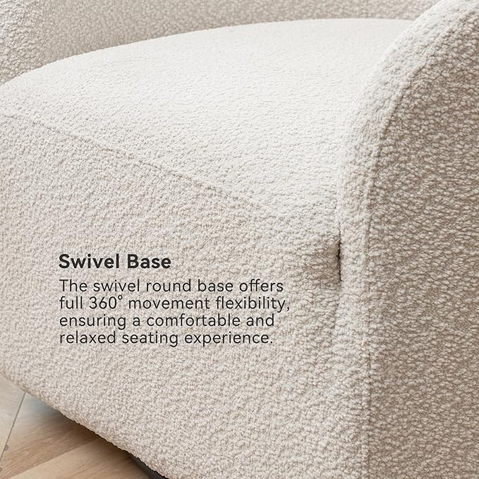 KINWELL 32" Wide Modern Boucle Swivel Barrel Chair, No Assembly Round Upholstered Swivel Accent Armchair for Living Room, Bedroom, Office (White)-Ruum Studio Home