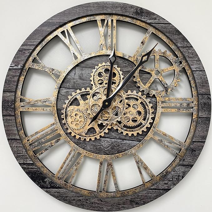 The Gears Clock The Original Real Moving Gear Wall Clock Vintage Industrial Oversized Rustic Farmhouse (24 inch (60cm), Vintage Carbon Grey and Bronze)-Ruum Studio Home