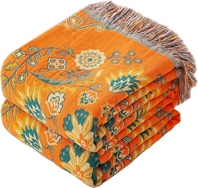 Boho Throw Blanket Twin Size, Soft Cozy Cotton Muslin Quilt Blanket for Bed Decor, Floral Patterned Couch Sofa Chair Cover, Vintage Farmhouse Cottage Tapestry Woven Blanket, Orange&Green-Ruum Studio Home