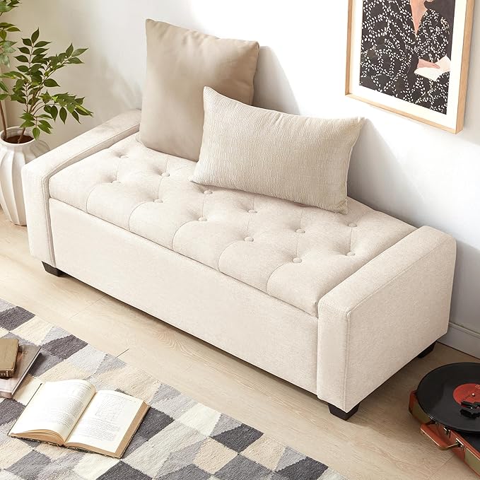 48" Ottoman with Storage, Storage Ottoman Bench with Safety Hinge, Upholstered Entryway Bench with Seating for Bedroom, Living Room, Holds up to 330 lb, Beige-Ruum Studio Home