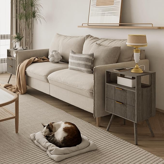 Nightstand with Charging Station and LED Lights,Modern Bedside Table with 2 Storage Drawer and Open Wood Shelf, for Bedroom and Small Spaces,Night Stand with Solid Wood Legs,GreyOak-Ruum Studio Home