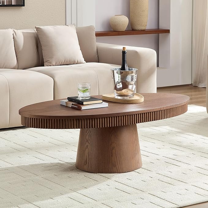 Modern Oval Coffee Table with Wood Pedestal,47.24" Farmhouse Center Table for Living Room, Ellipse Coffee Tables Tea Table for Bedroom, Apartment-Walnut-Ruum Studio Home