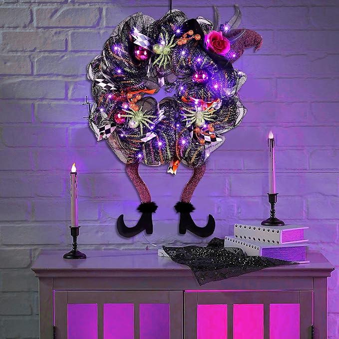 Lulu Home Halloween Front Door Wreath, Purple LED Lighted Witch Hat Wreath, Battery Operated, NOT PRELIT-Ruum Studio Home