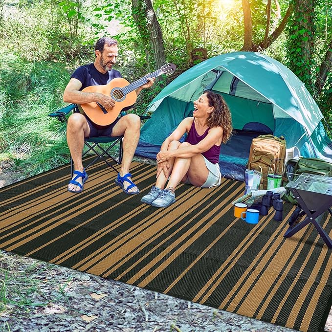Outdoor Patio Rug 9x12 Stain-Resistant Reversible Camping Mat, Modern Striped Outdoor Plastic Straw Rug, Waterproof Outside Carpet, Easy to Clean for RV, Porch, Deck, Balcony, Black Brown-Ruum Studio Home