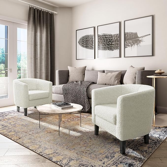 BELLEZE Accent Barrel Chair Set of 2, Linen Round Chair Club Tub Sofa Corner Chair with Flared Legs and Cozy Soft Padding for Living Room Bedroom Waiting Room - Teddy White-Ruum Studio Home